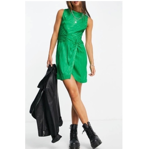 Topshop twist back twist wrap front shimmer holiday mini dress in green size 8 - Picture 1 of 11